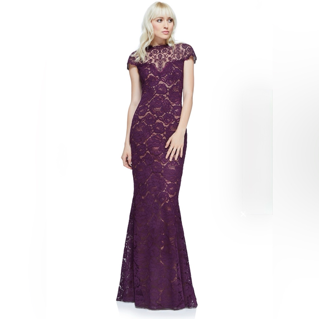 Tadashi Shoji Elegant Purple Lace Cap-Sleeve Evening Dress